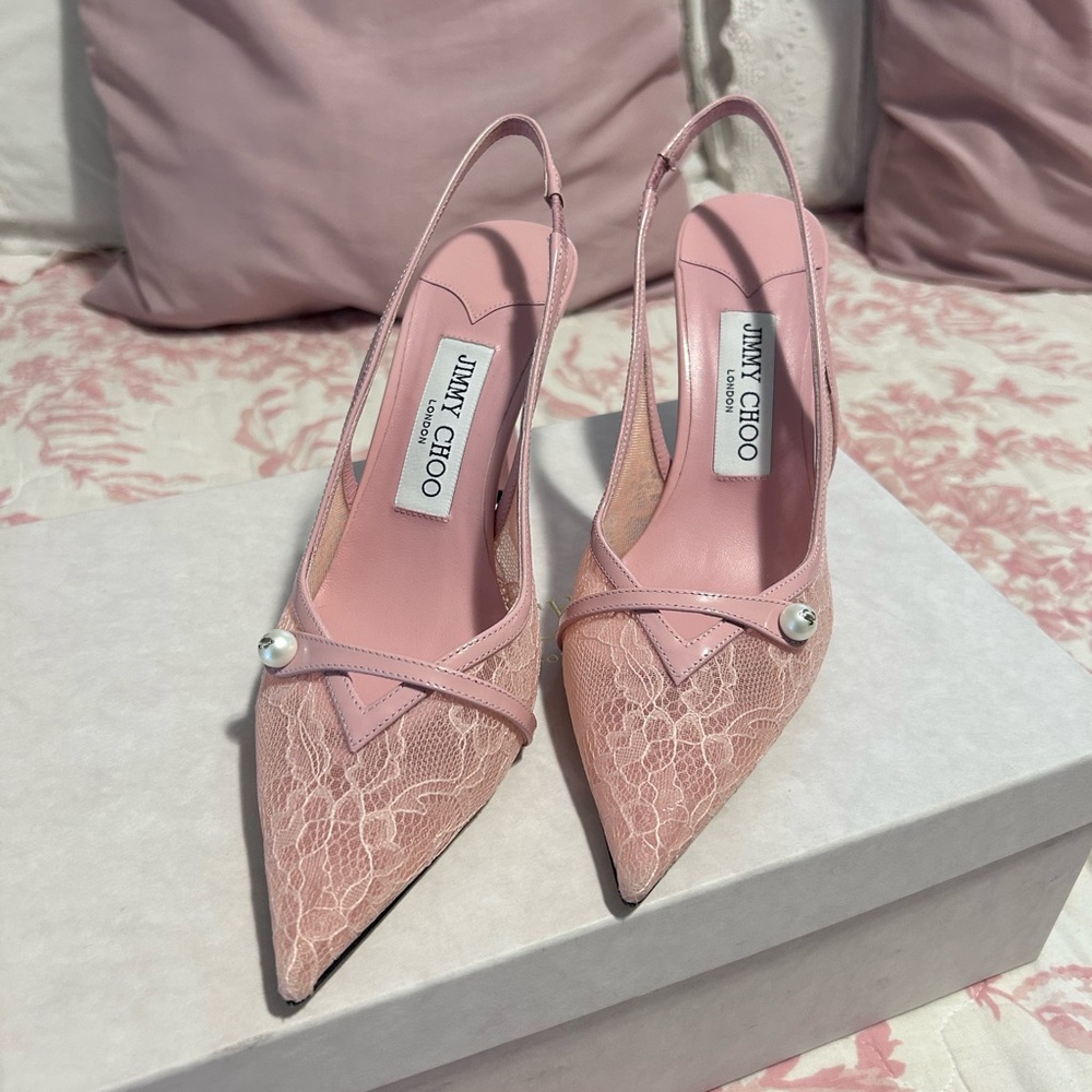 Jimmy Choo Amita Rose Lace Pointed Slingback Heels with Pearl Accent